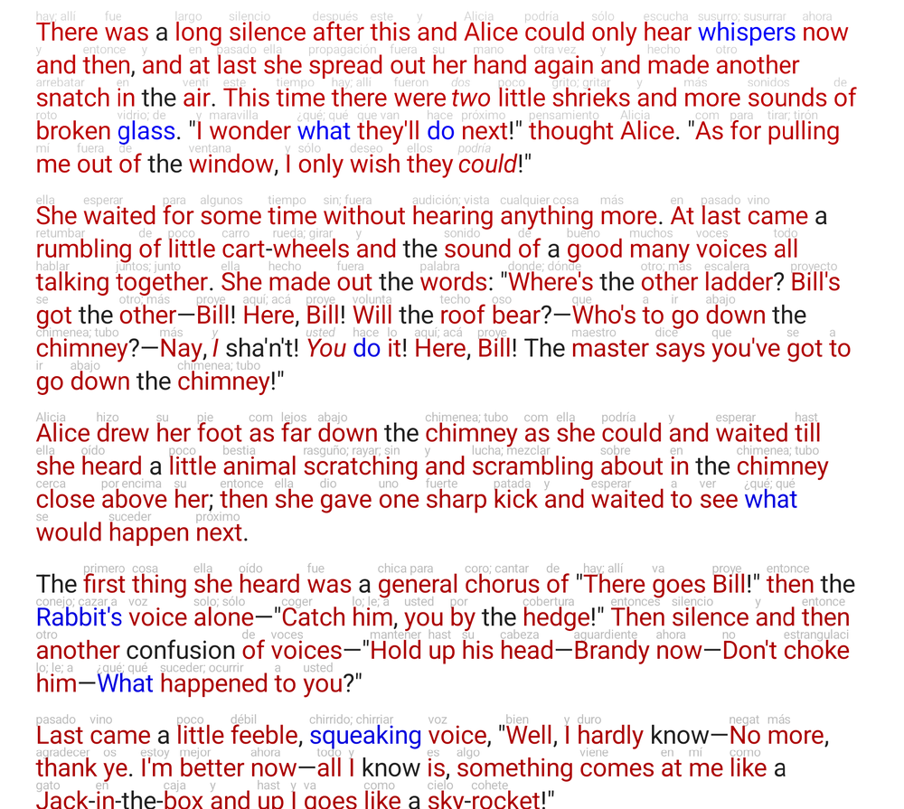 Unknown words marked and glossed inline while reading