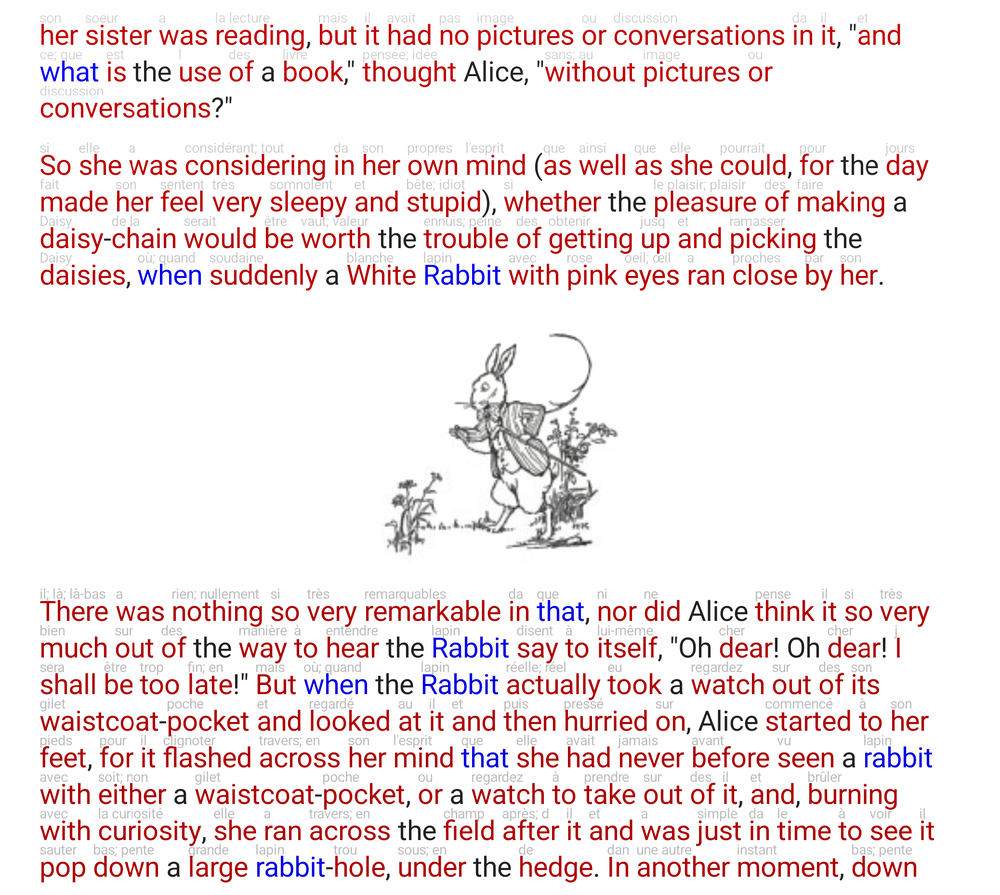 Unknown words marked and glossed inline while reading