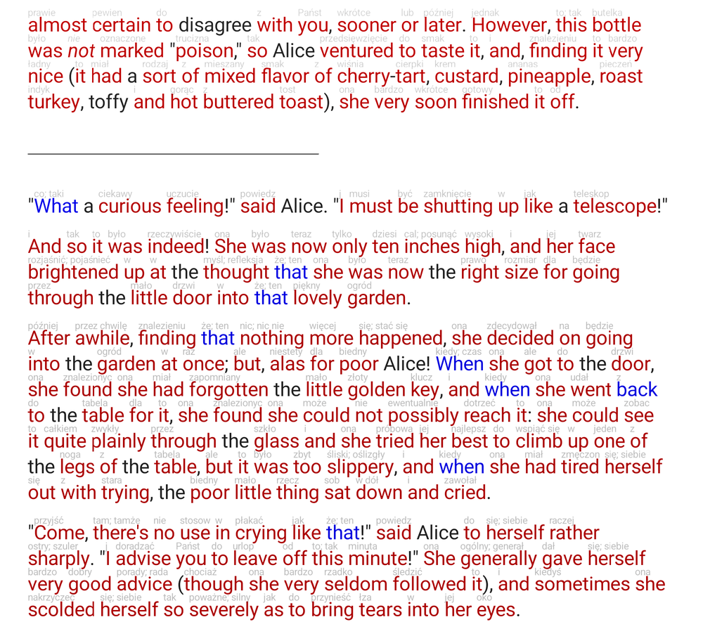 Unknown words marked and glossed inline while reading