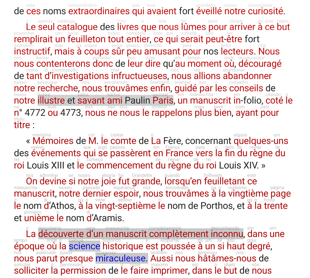 Unknown words marked and glossed inline while reading
