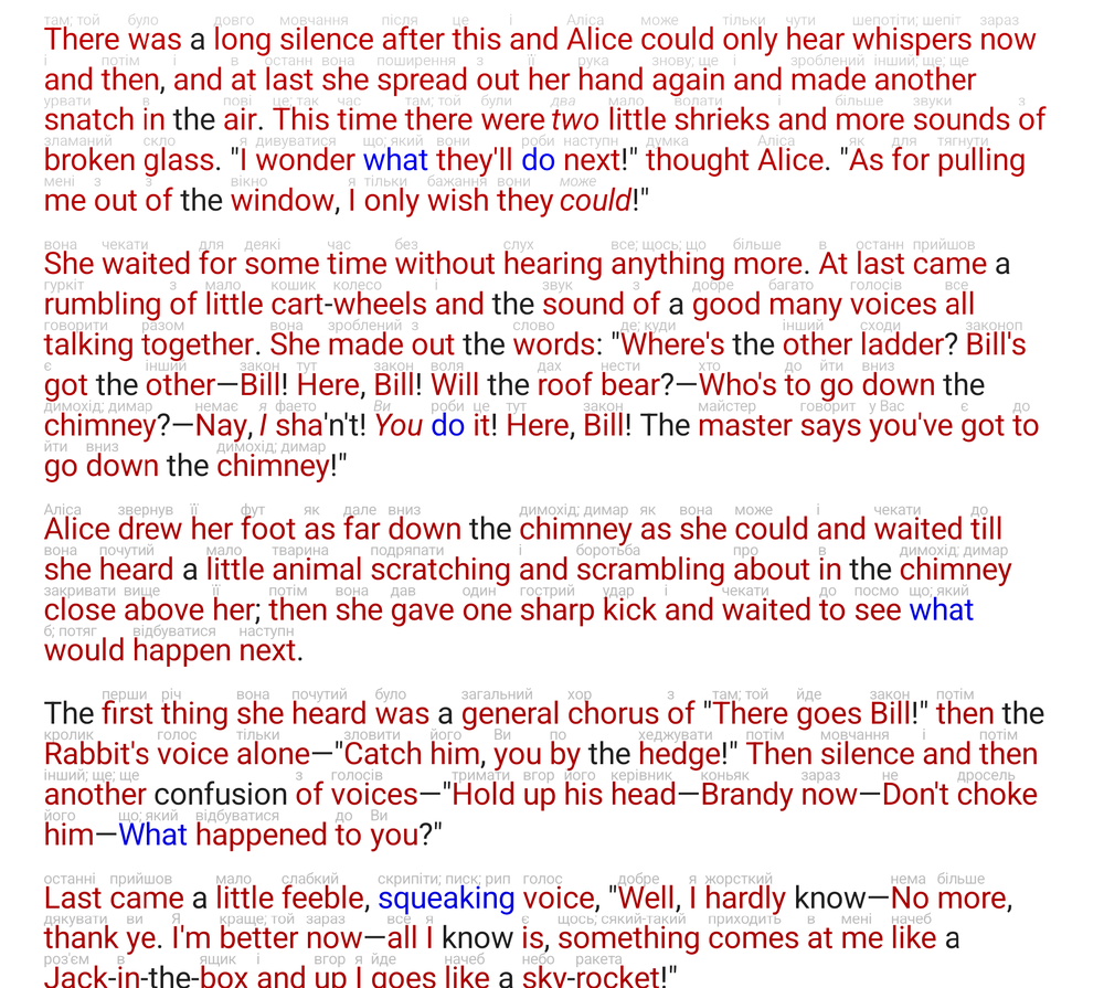 Unknown words marked and glossed inline while reading