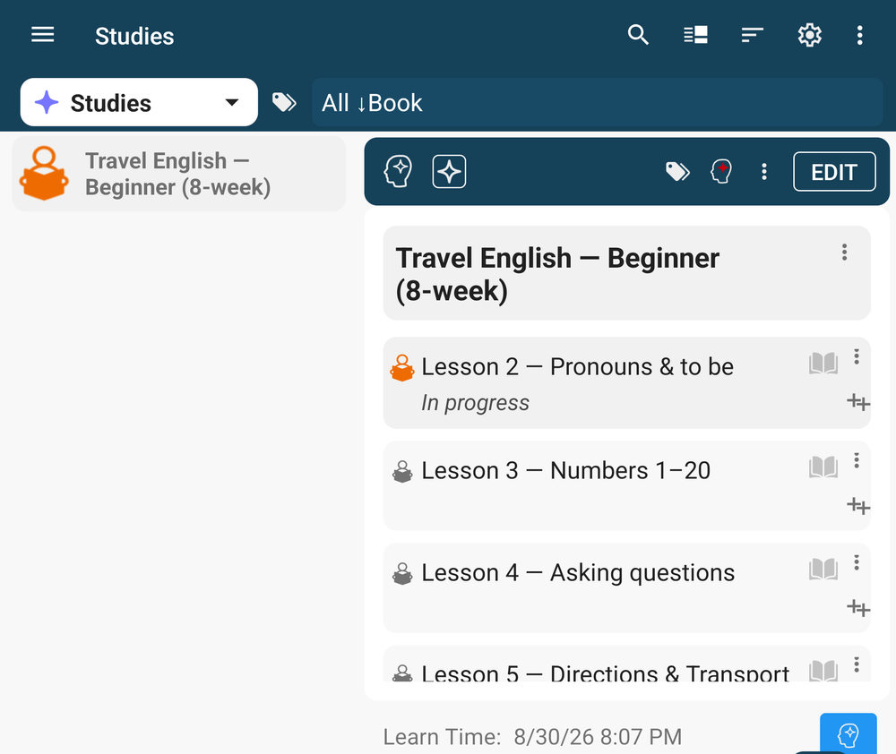 A study plan with lesson statuses