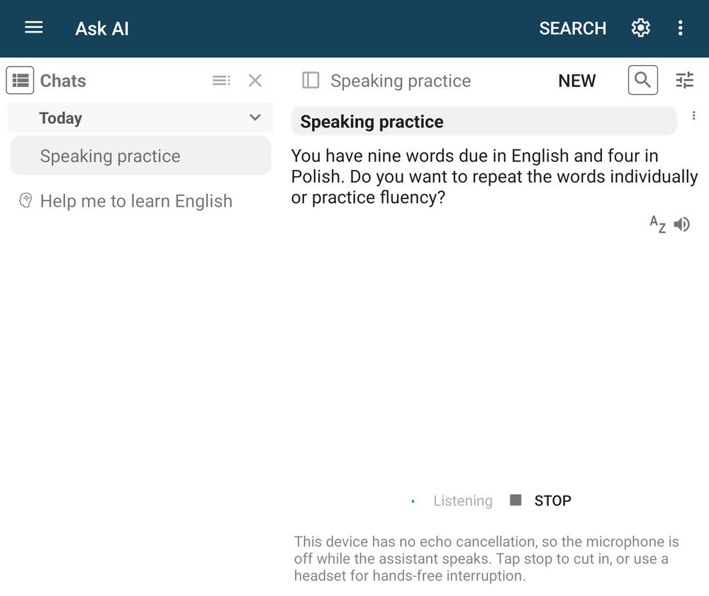 A voice session working from words that are due